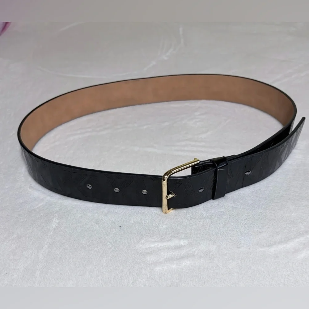 Michael Kors MK Logo‎ Black Synthetic Leather Belt with Gold Buckle